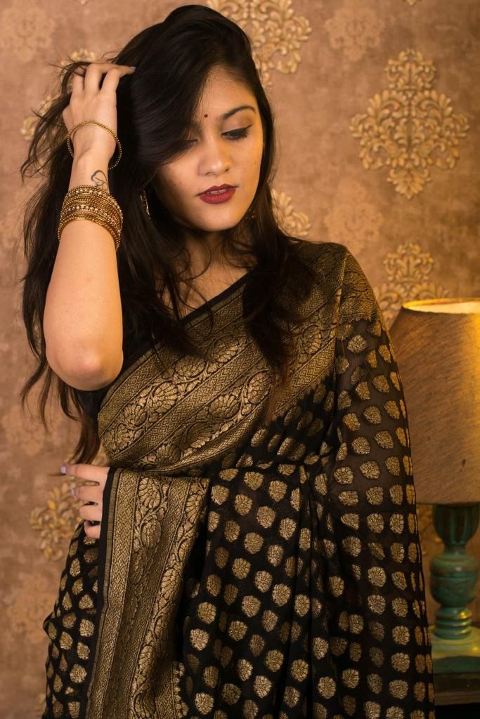 Enigmatic Black Soft Banarasi Silk Saree With Classic Blouse Piece