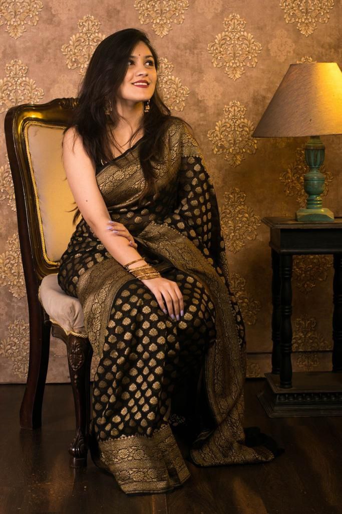 Enigmatic Black Soft Banarasi Silk Saree With Classic Blouse Piece