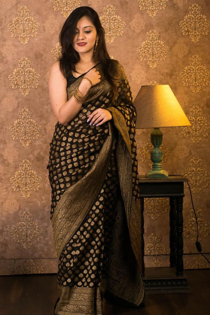 Enigmatic Black Soft Banarasi Silk Saree With Classic Blouse Piece