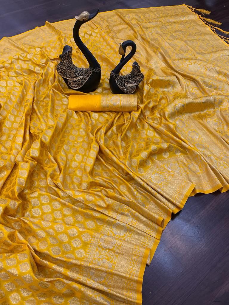 Resplendent Yellow Soft Banarasi Silk Saree With Fairytale Blouse Piece