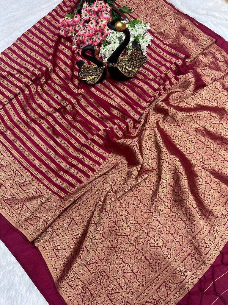 Snazzy Wine Soft Banarasi Silk Saree With Captivating Blouse Piece