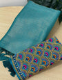 Ratatouille Firozi Kanjivaram Silk Saree With Two Phenomenal Blouse Piece