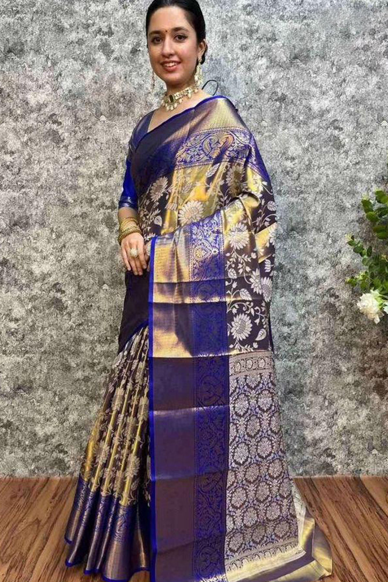 Sempiternal Royal Blue Kanjivaram Silk Saree With Staring Blouse Piece