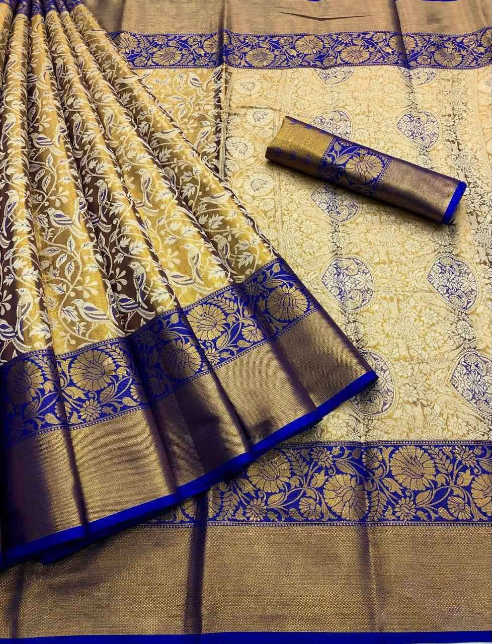 Surreptitious Royal Blue Kanjivaram Silk Saree With Eye-catching Blouse Piece