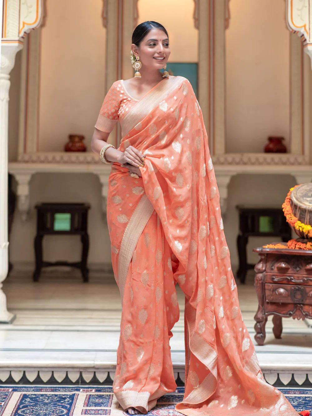 Incredible Peach Soft Banarasi Silk Saree With Breathtaking Blouse Piece