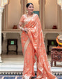 Incredible Peach Soft Banarasi Silk Saree With Breathtaking Blouse Piece