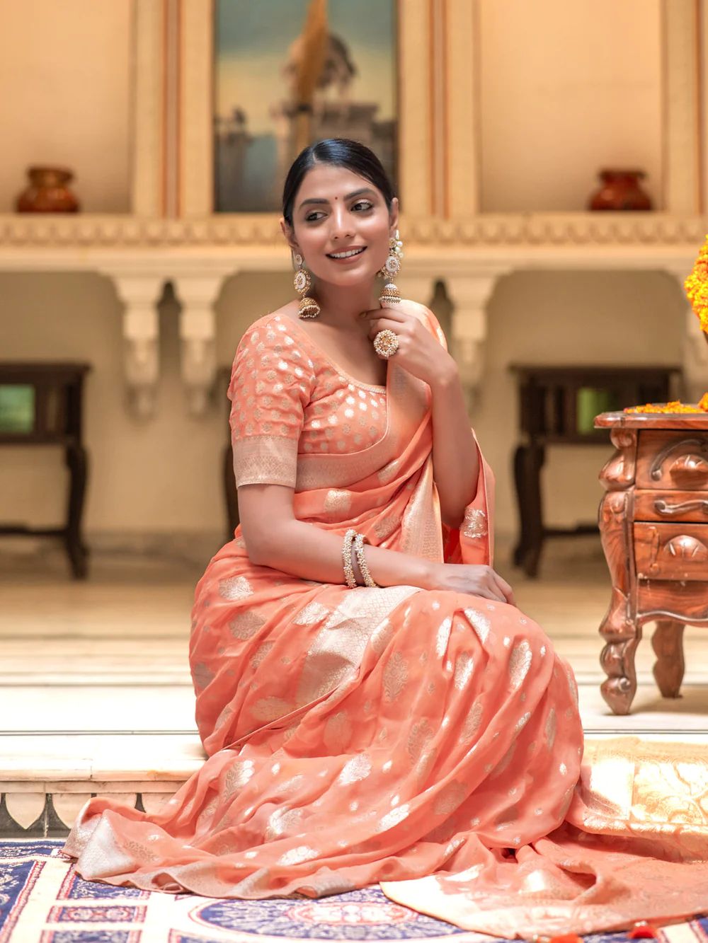 Incredible Peach Soft Banarasi Silk Saree With Breathtaking Blouse Piece