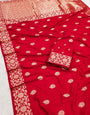 Impressive Red Soft Banarasi Silk Saree With Exceptional Blouse Piece