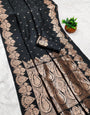 Scrupulous Black Soft Banarasi Silk Saree With Verdant Blouse Piece