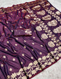 Adoring Wine Pure Zari Weaving Banarasi Silk Saree With Sumptuous Blouse Piece
