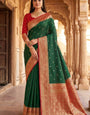 Lassitude Dark Green Pure Zari Weaving Banarasi Silk Saree With Exquisite Blouse Piece