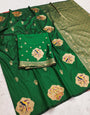 Whimsical Dark Green Pure Zari Weaving Banarasi Silk Saree With Prodigal Blouse Piece