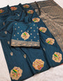 Engrossing Navy Blue Pure Zari Weaving Banarasi Silk Saree With Demanding Blouse Piece