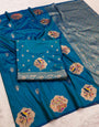 Quixotic Teal Blue Pure Zari Weaving Banarasi Silk Saree With Blooming Blouse Piece