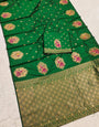 Vibrant Dark Green Pure Zari Weaving Banarasi Silk Saree With Whimsical Blouse Piece