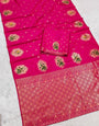 Glittering Dark Pink Pure Zari Weaving Banarasi Silk Saree With Scrumptious Blouse Piece