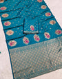 Delectable Firozi Pure Zari Weaving Banarasi Silk Saree With Palimpsest Blouse Piece