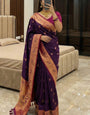 Vestigial Purple Paithani Silk Saree With Ethnic Blouse Piece