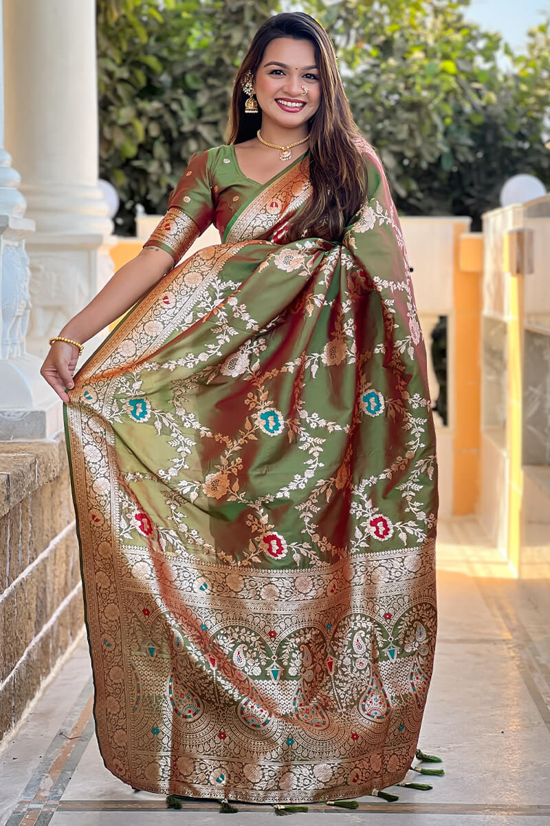 Luxuriant Mehndi Soft Banarasi Silk Saree With Redolent Blouse Piece
