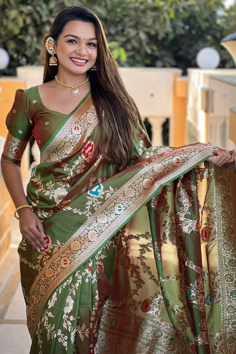 Luxuriant Mehndi Soft Banarasi Silk Saree With Redolent Blouse Piece