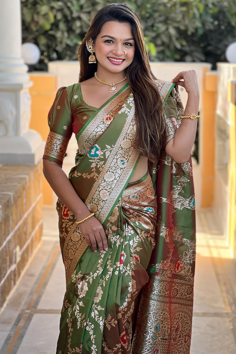 Luxuriant Mehndi Soft Banarasi Silk Saree With Redolent Blouse Piece