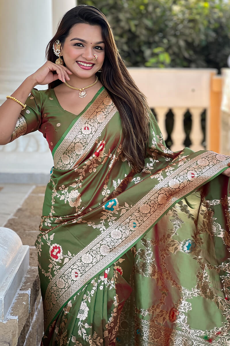 Luxuriant Mehndi Soft Banarasi Silk Saree With Redolent Blouse Piece