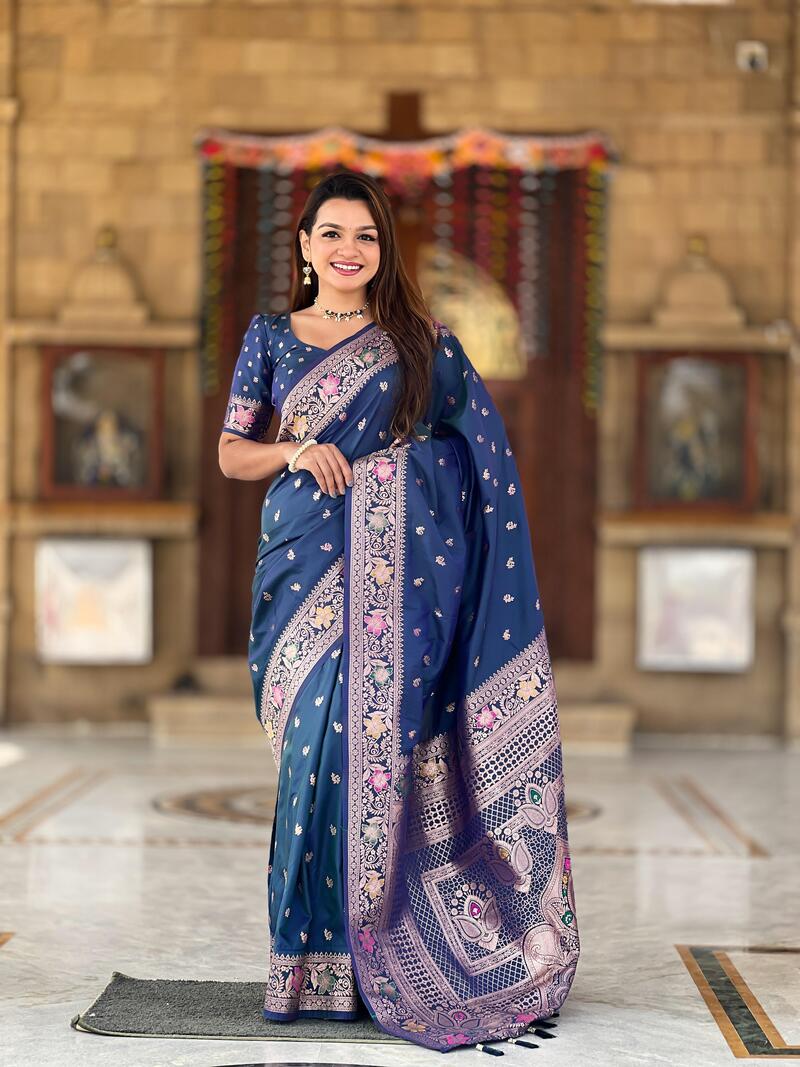 Gratifying Blue Soft Banarasi Silk Saree With Improbable Blouse Piece