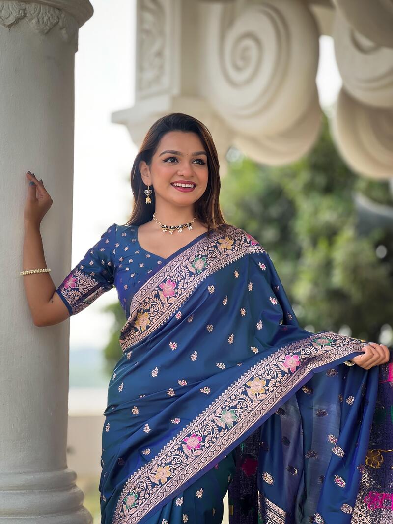 Gratifying Blue Soft Banarasi Silk Saree With Improbable Blouse Piece