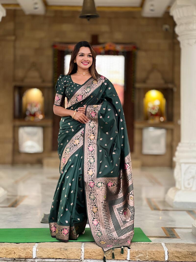 Enthralling Dark Green Soft Banarasi Silk Saree With Embellished Blouse Piece