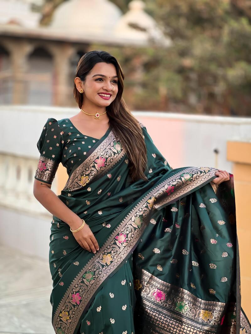 Enthralling Dark Green Soft Banarasi Silk Saree With Embellished Blouse Piece
