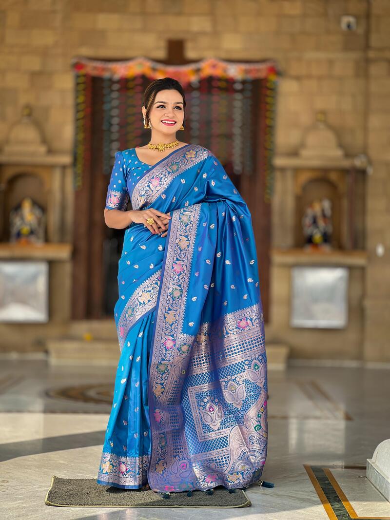 Pretty Firozi Soft Banarasi Silk Saree With Outstanding Blouse Piece