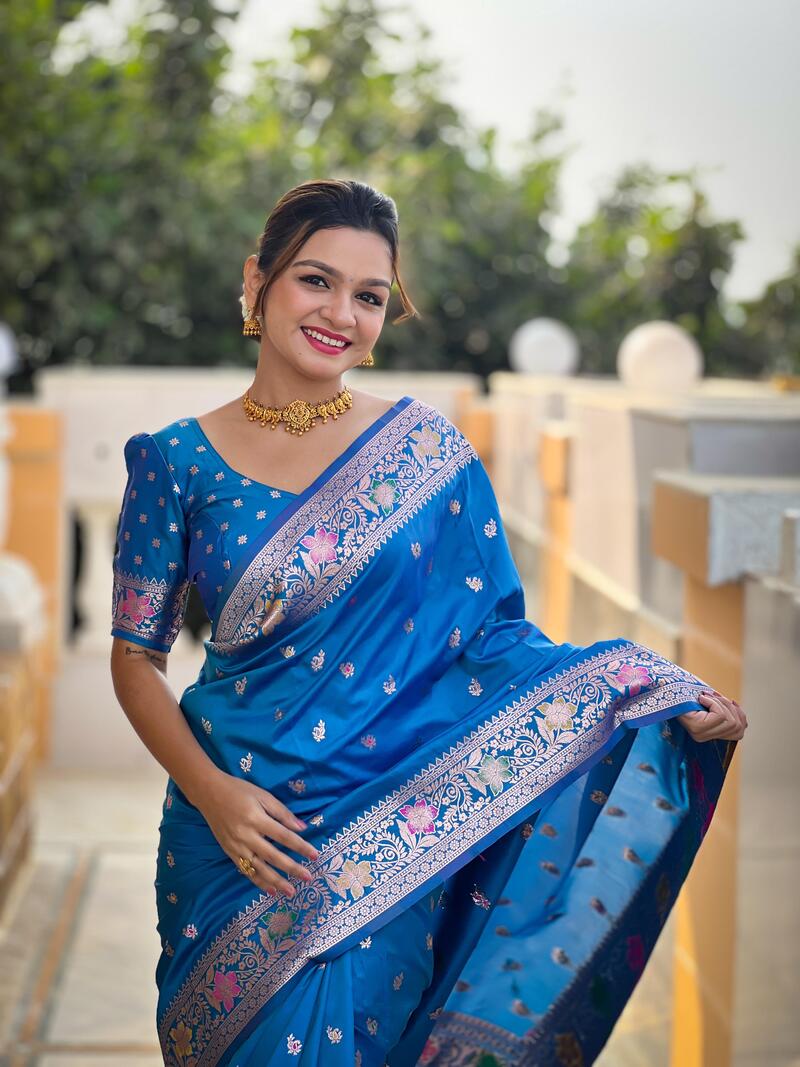 Pretty Firozi Soft Banarasi Silk Saree With Outstanding Blouse Piece