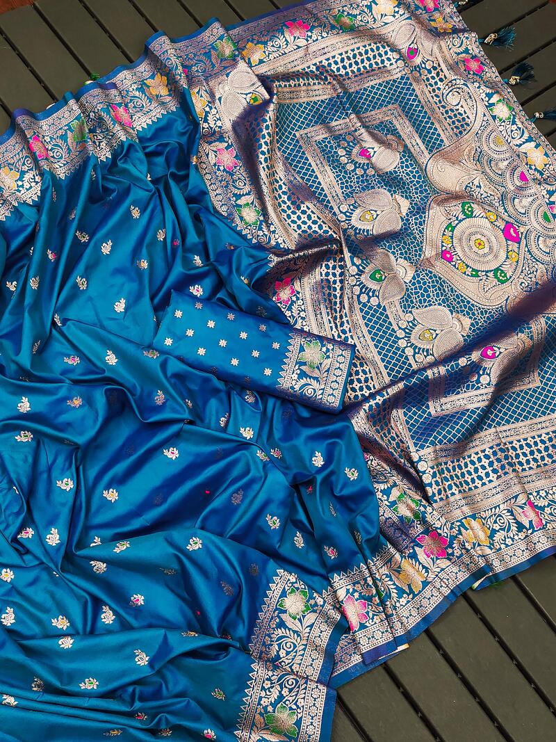 Pretty Firozi Soft Banarasi Silk Saree With Outstanding Blouse Piece