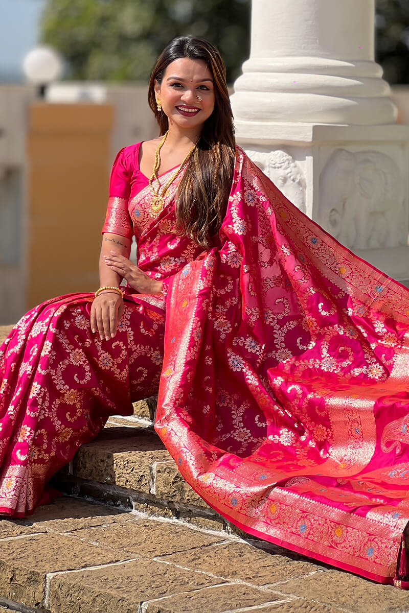 Ebullience Dark Pink Soft Banarasi Silk Saree With Assemblage Blouse Piece