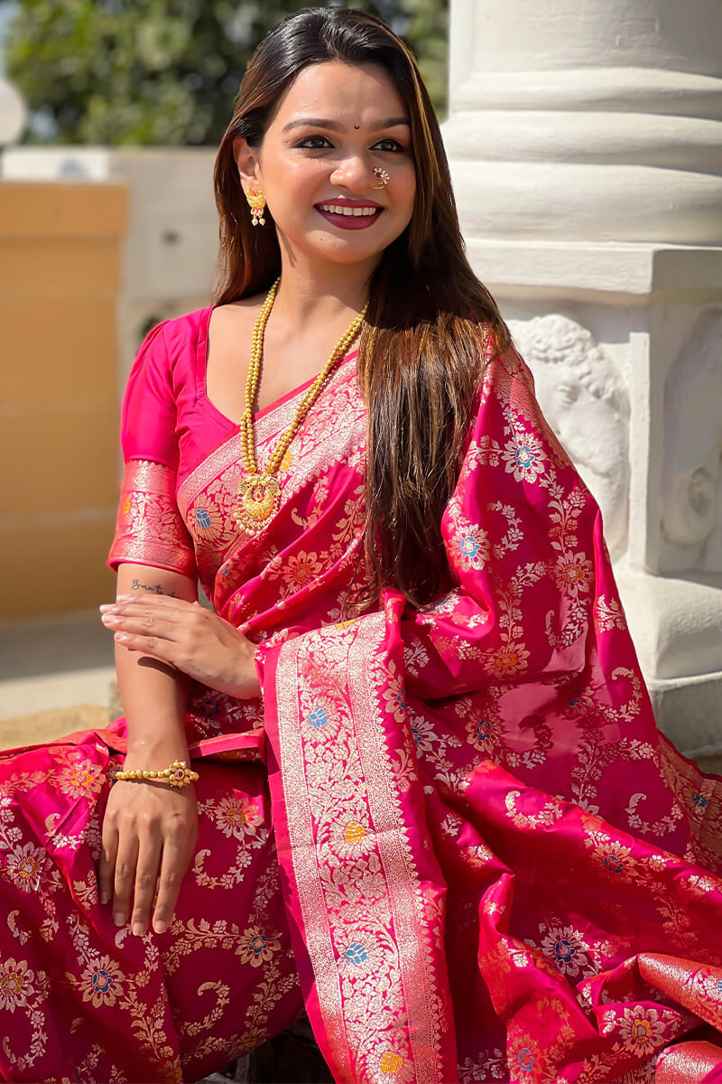 Ebullience Dark Pink Soft Banarasi Silk Saree With Assemblage Blouse Piece