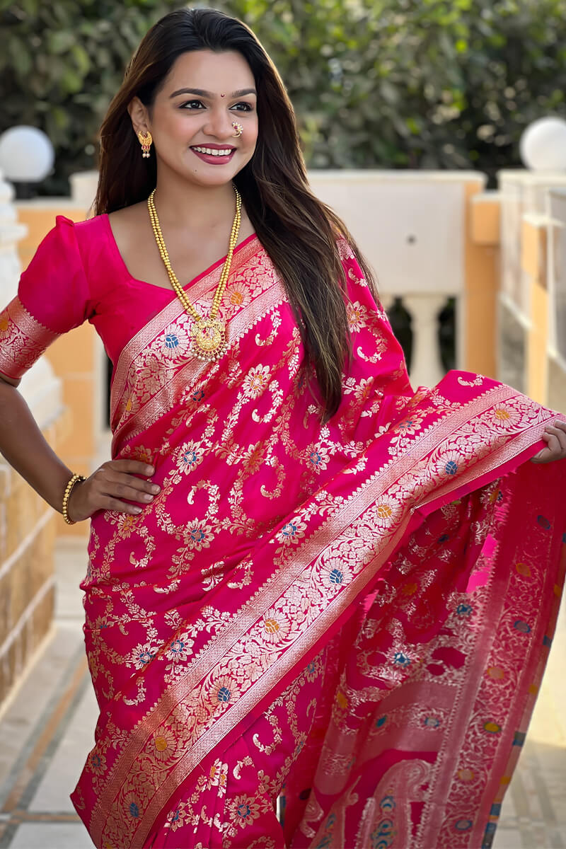 Ebullience Dark Pink Soft Banarasi Silk Saree With Assemblage Blouse Piece