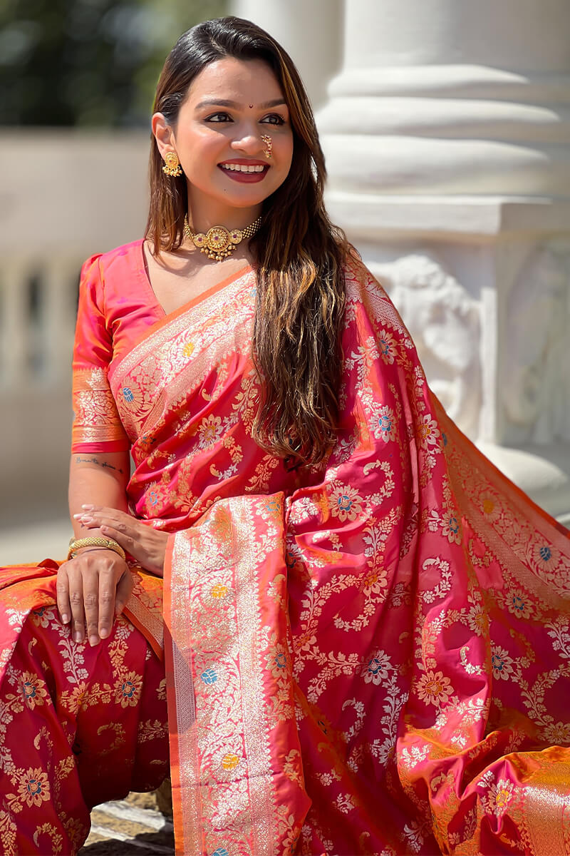 Innovative Red Soft Banarasi Silk Saree With Vibrant Blouse Piece