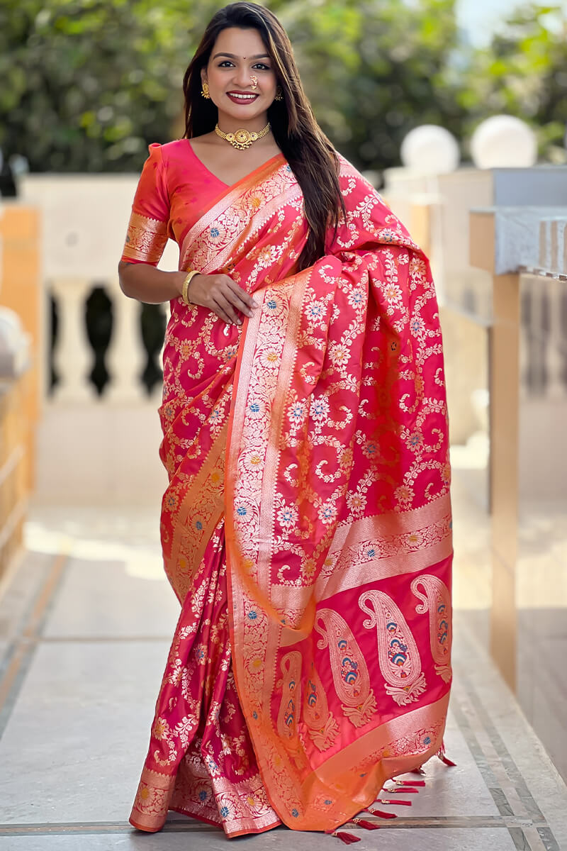 Innovative Red Soft Banarasi Silk Saree With Vibrant Blouse Piece