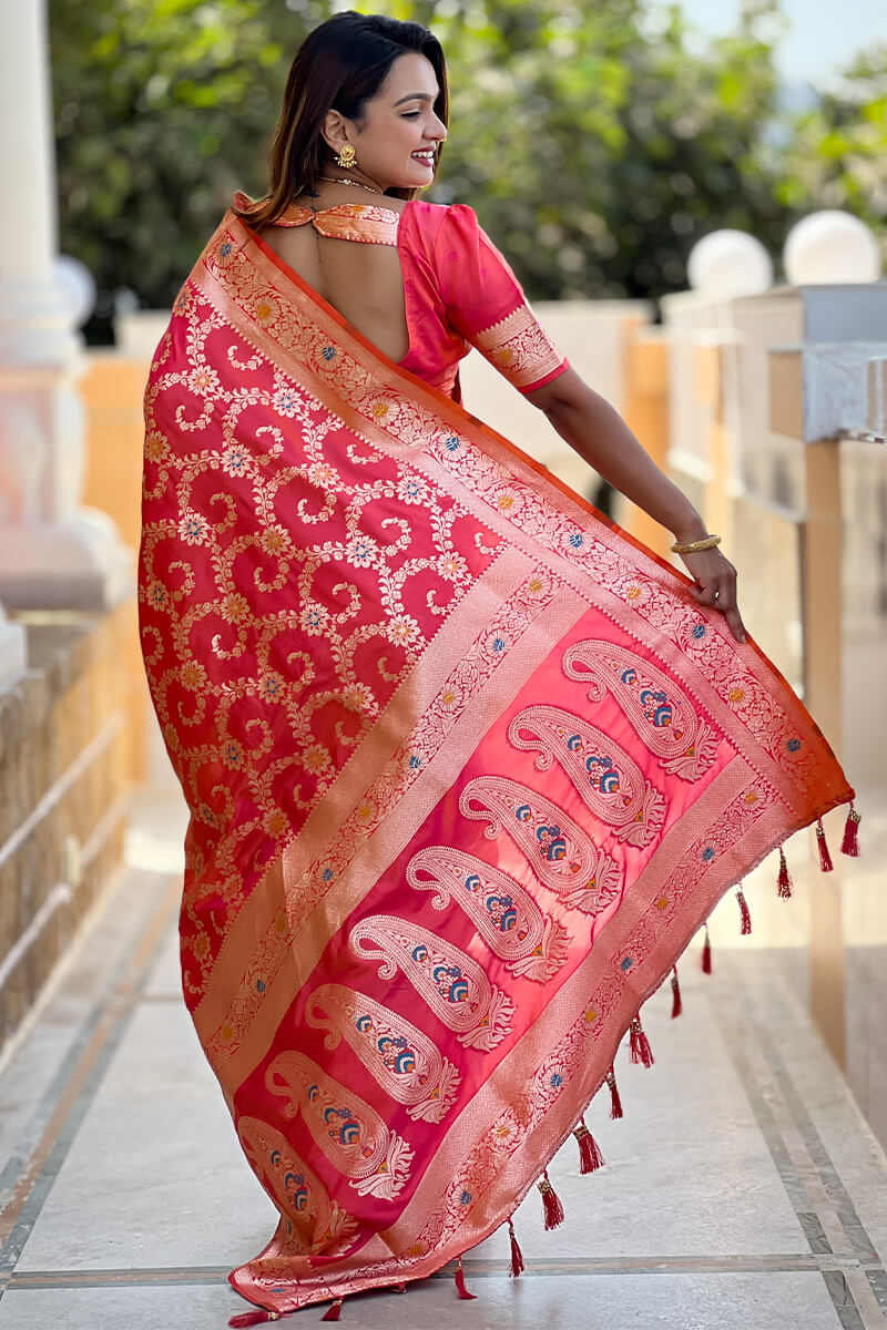 Innovative Red Soft Banarasi Silk Saree With Vibrant Blouse Piece