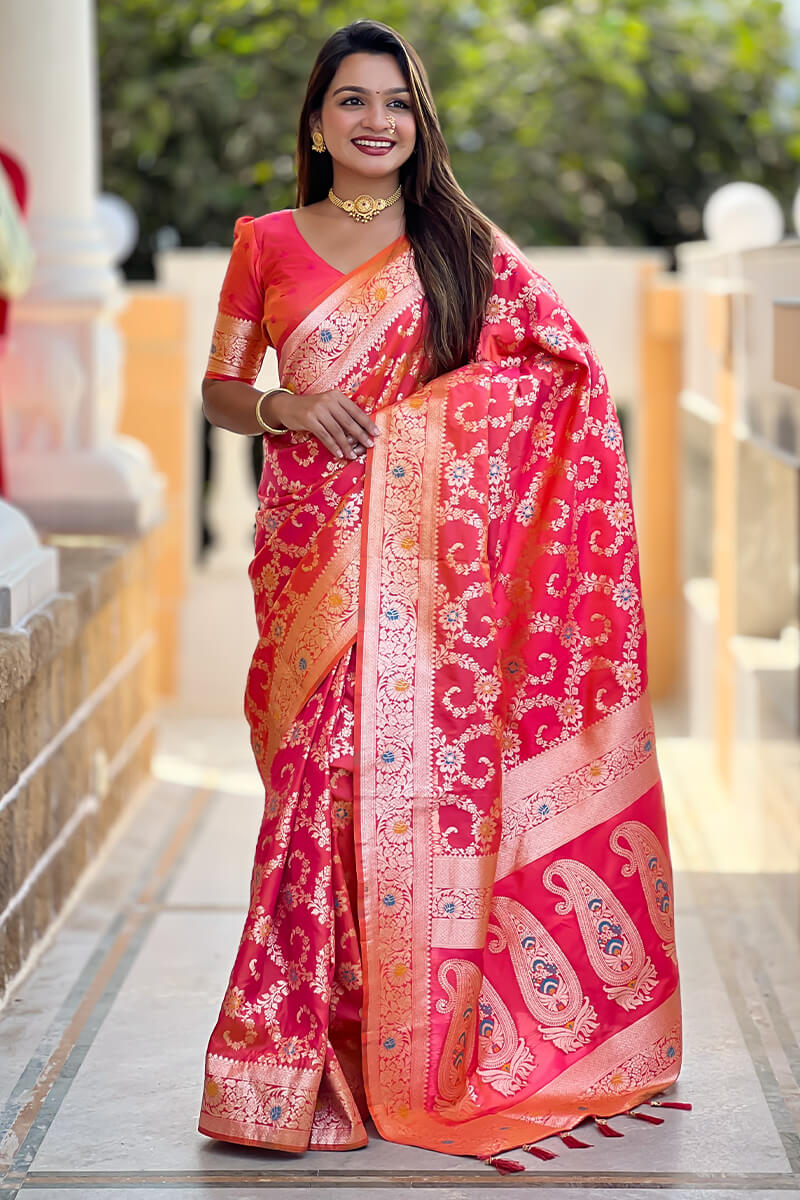 Innovative Red Soft Banarasi Silk Saree With Vibrant Blouse Piece