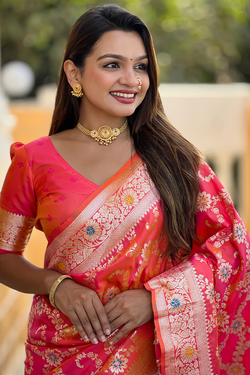 Innovative Red Soft Banarasi Silk Saree With Vibrant Blouse Piece