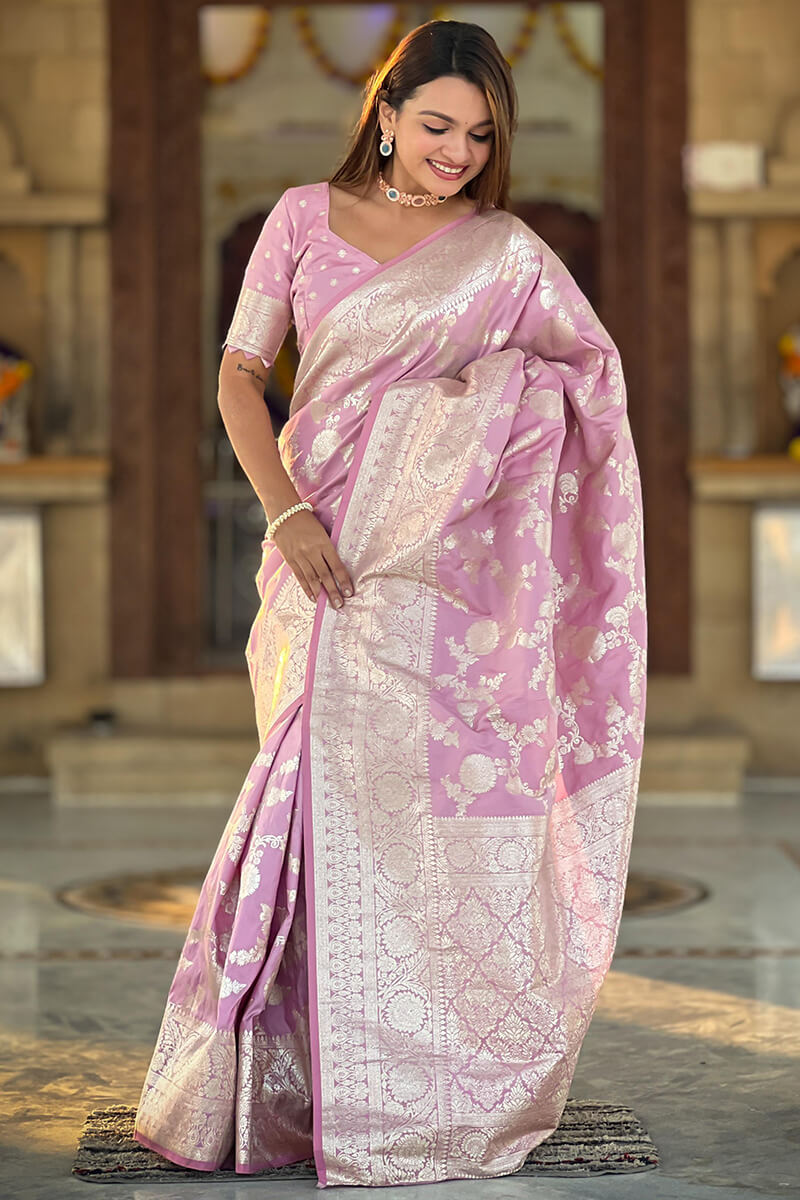 Cynosure Baby Pink Soft Banarasi Silk Saree With Elegant Blouse Piece