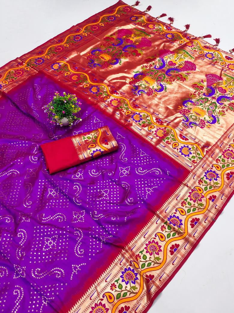 Glowing Purple Paithani Silk Saree With Sensational Blouse Piece