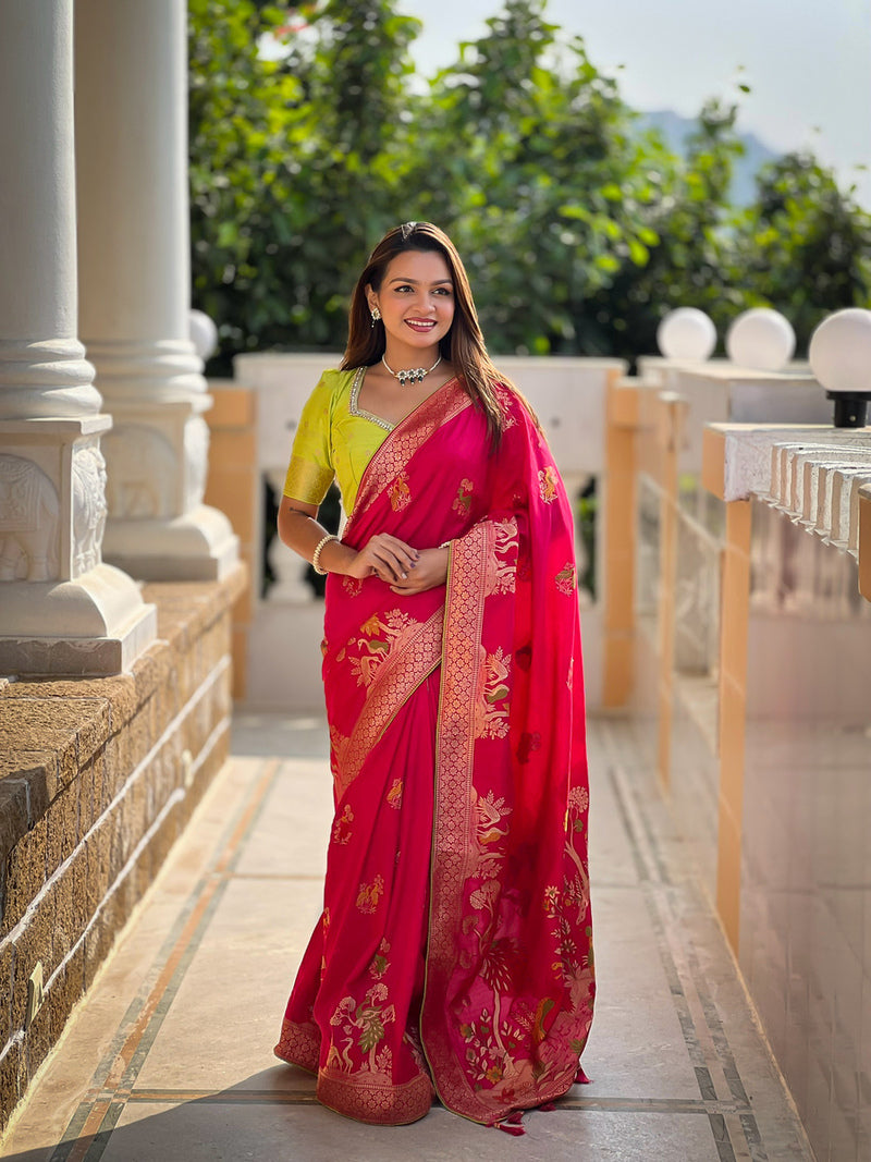 Supernal Dark Pink Soft Banarasi Silk Saree With Forbearance Blouse Piece