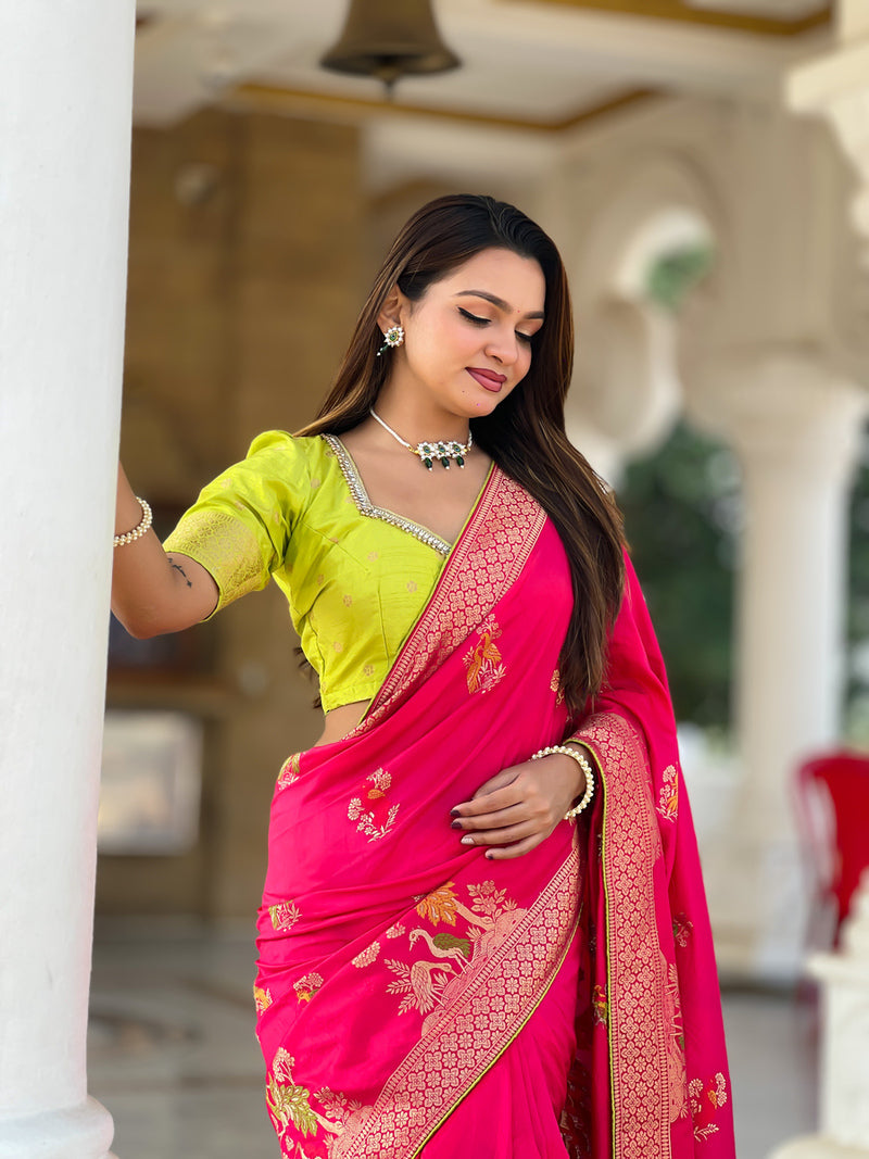 Supernal Dark Pink Soft Banarasi Silk Saree With Forbearance Blouse Piece