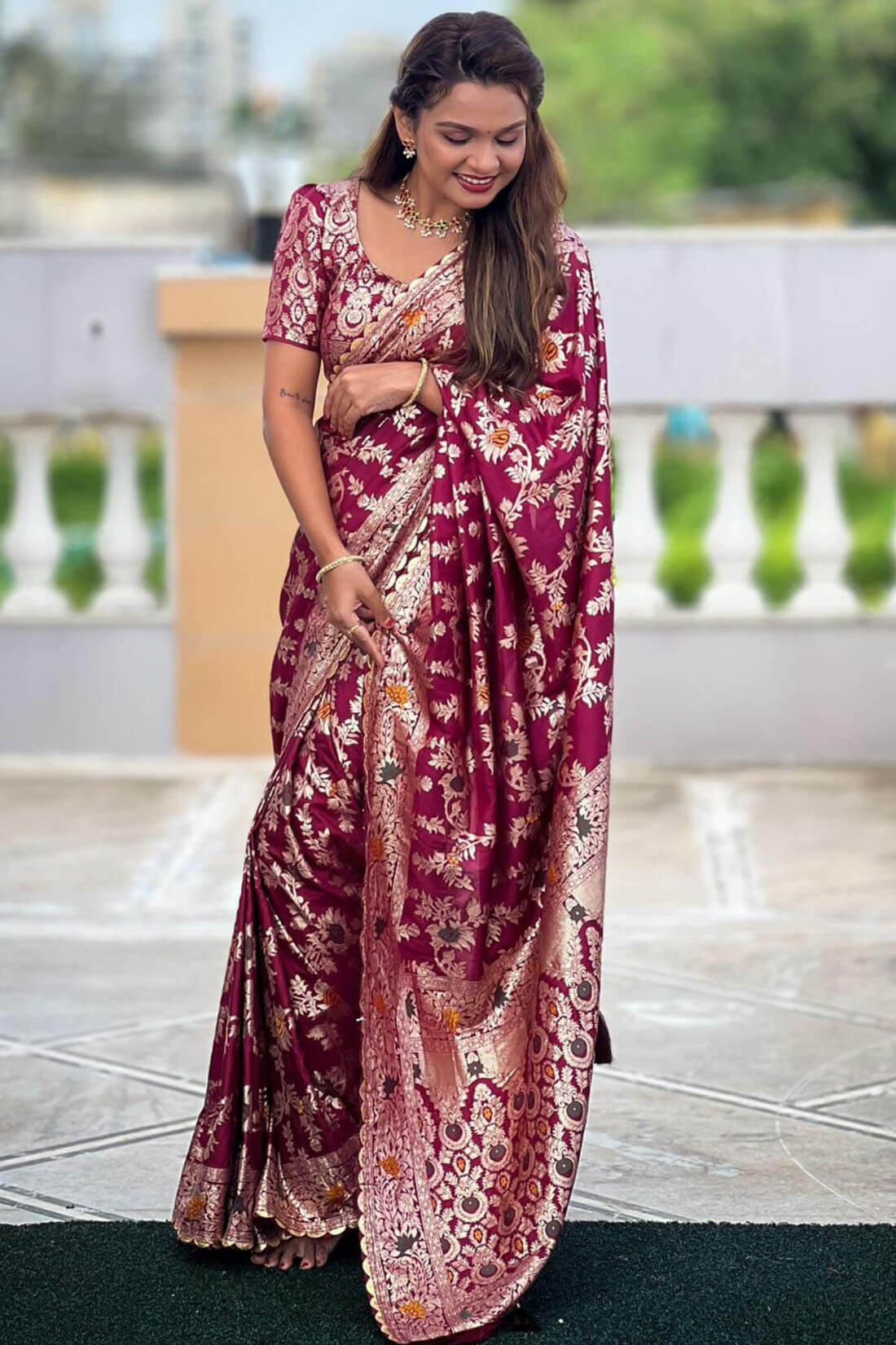 Demesne Wine Soft Banarasi Silk Saree With Fancifull Blouse Piece