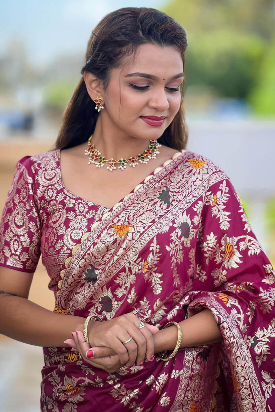 Demesne Wine Soft Banarasi Silk Saree With Fancifull Blouse Piece