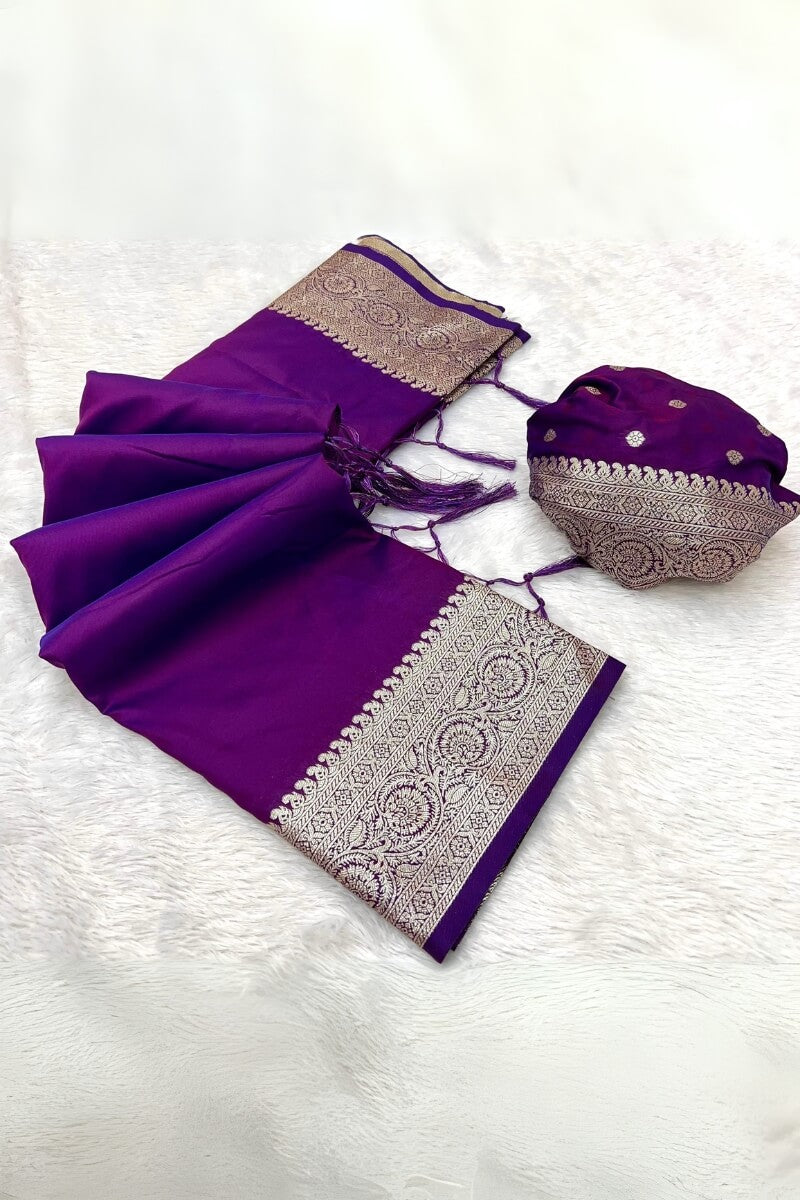 Gorgeous Purple Soft Banarasi Silk Saree With Efflorescence Blouse Piece