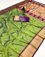 Excellent Green Paithani Silk Saree With Extraordinary Blouse Piece