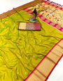 Fugacious Mehndi Paithani Silk Saree With Stylish Blouse Piece